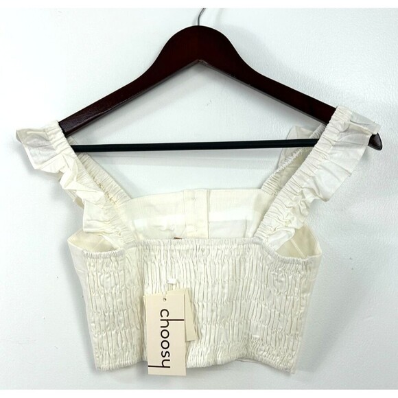 Choosy Amanda XS White Cream Cropped Top Center Buttons Ruffle Lined Smocked U4 - Picture 7 of 13